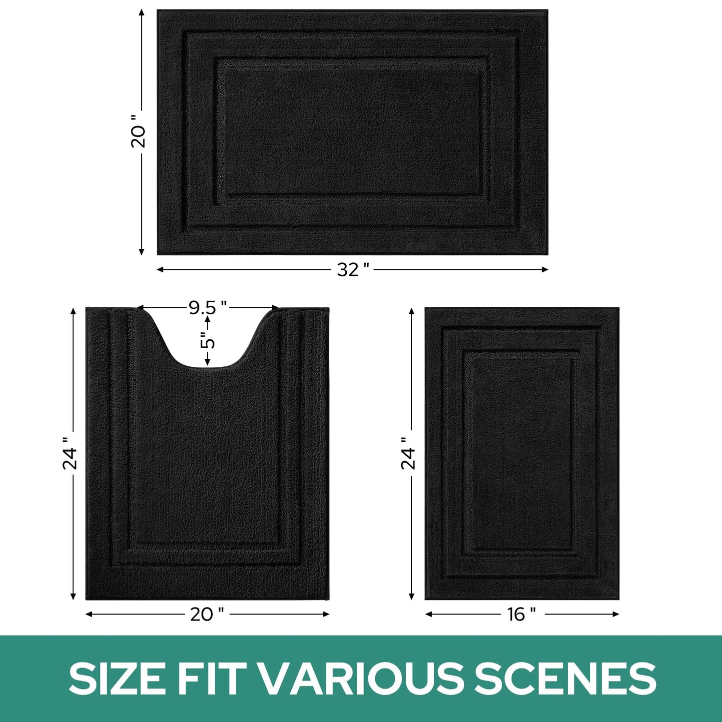 HOMEIDEAS Bathroom Rugs Sets 3 Piece, Super Soft and Absorbent Non Slip Microfiber Toilet Bath Mat with U-Shaped (Black)