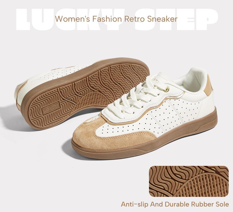 LUCKY STEP Women's Retro Cour Fashion Sneakers Casual Low Top Cow Suede Walking Shoes Anti-Slip Gum Rubber Sole Tennis Skate Footwear(White/Brown,7)