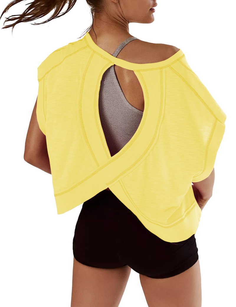 Womens Oversized Tshirts Workout Batwing Sleeve Gym Shirts Boat Neck Slouchy Tees Open Back Athletic Top Deep Yellow S