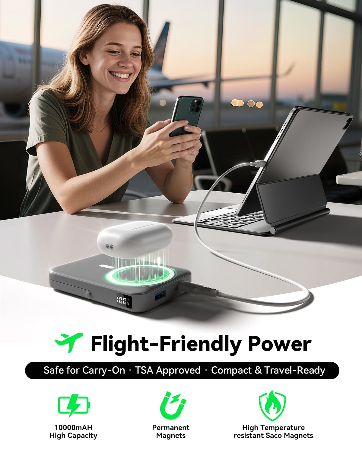 for Magsafe Battery Pack 10000mAh Power Bank with Foldable Stand Portable Charger,PD 22.5W Fast Charge,Travel Essential Wireless Charger for iPhone 17/16/15/14/13/12 Series–Black