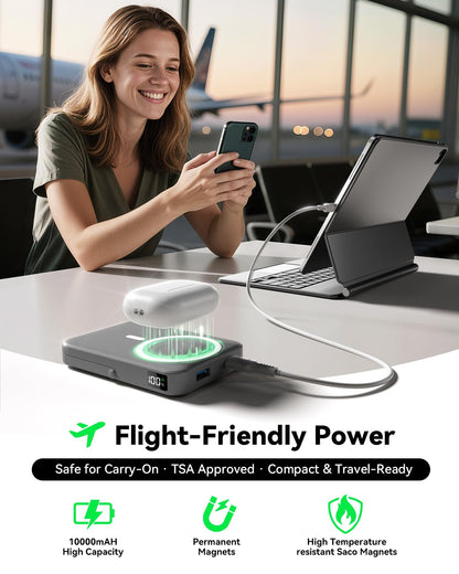 for Magsafe Battery Pack 10000mAh Power Bank with Foldable Stand Portable Charger,PD 22.5W Fast Charge,Travel Essential Wireless Charger for iPhone 17/16/15/14/13/12 Series–Black