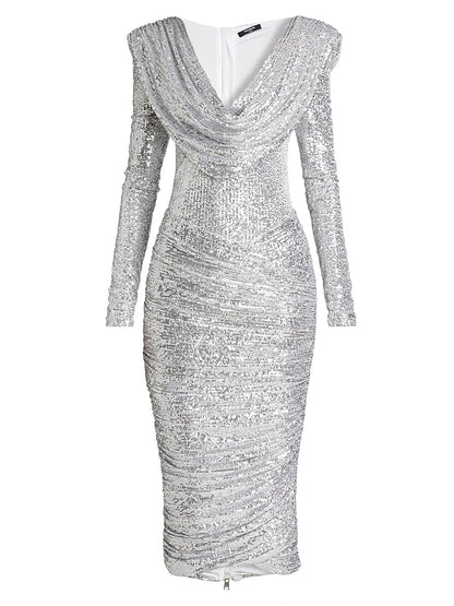 Balmain, Sequined Cowlneck Midi-Dress, 36 (4), Argente
