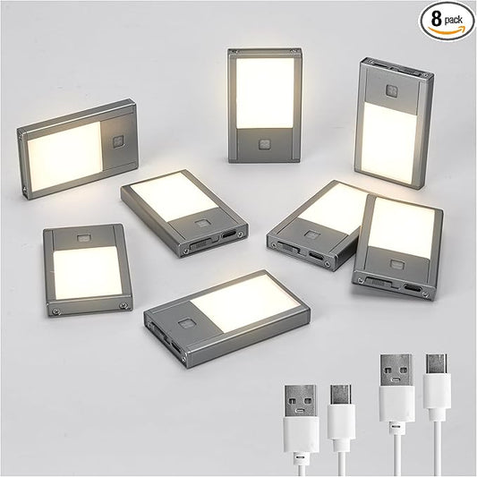 Rechargeable Motion Sensor Night Lights, 8-Pack - Painted Grey Aluminum Alloy, Ultra-Compact Magnetic Mount, 3000K Warm White Glow, Ideal for Hallways, Bedrooms, Stairs & Nightly Use