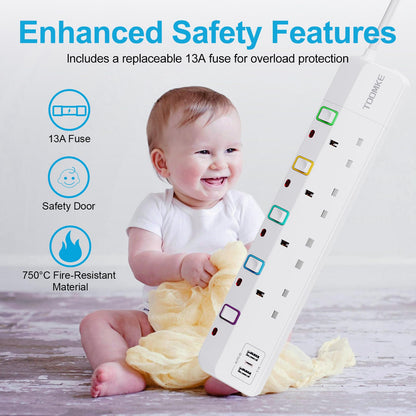 Extension Lead with USB Slots, Toomke 4 Way Plug Extension Socket with 2 USB-A and 1 USB-C, Mountable Power Strip with Individual Switches, UK Plug Socket 1.5m Extension Cord 13A 3250W