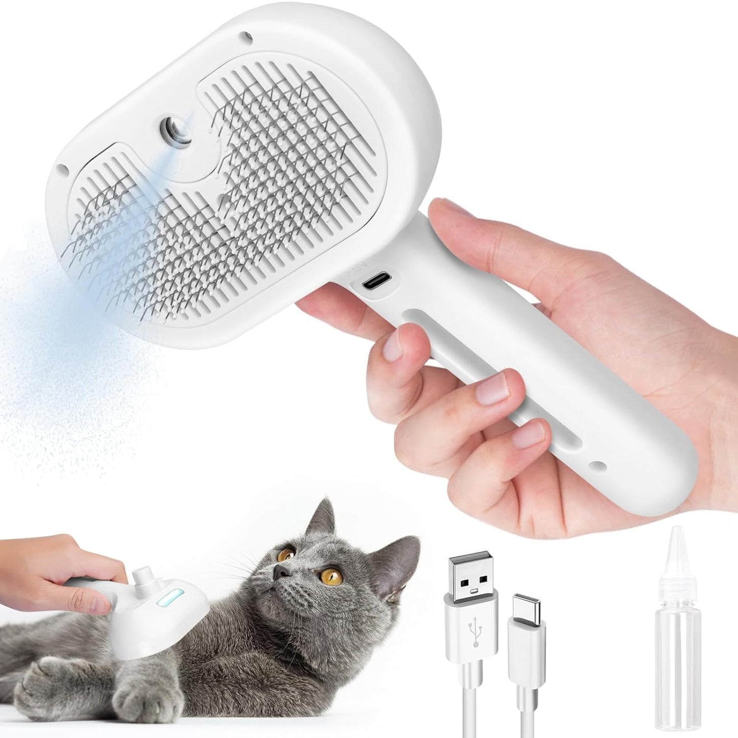 Cat Steam Brush, Pet Spray Hair Removal Comb with Release Button for Shedding & Grooming, Water Brush for Indoor Cats Dogs
