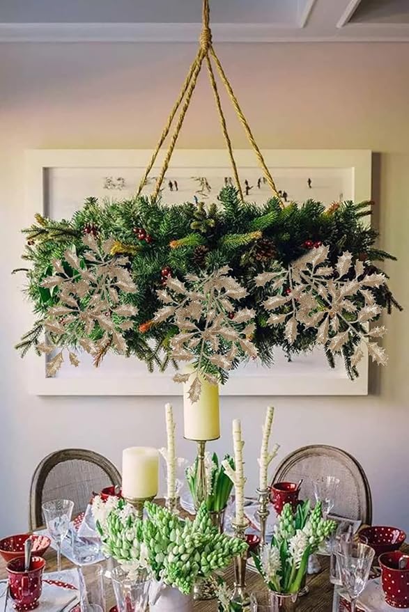 DILATATA 6Pcs Christmas Glitter Leaves Holly Leaves 23" Artificial Champagne Holly Leaf Picks Sprays Giltter Stems for Christmas Tree DIY Xmas Wreath Garland Home Decor - Champagne