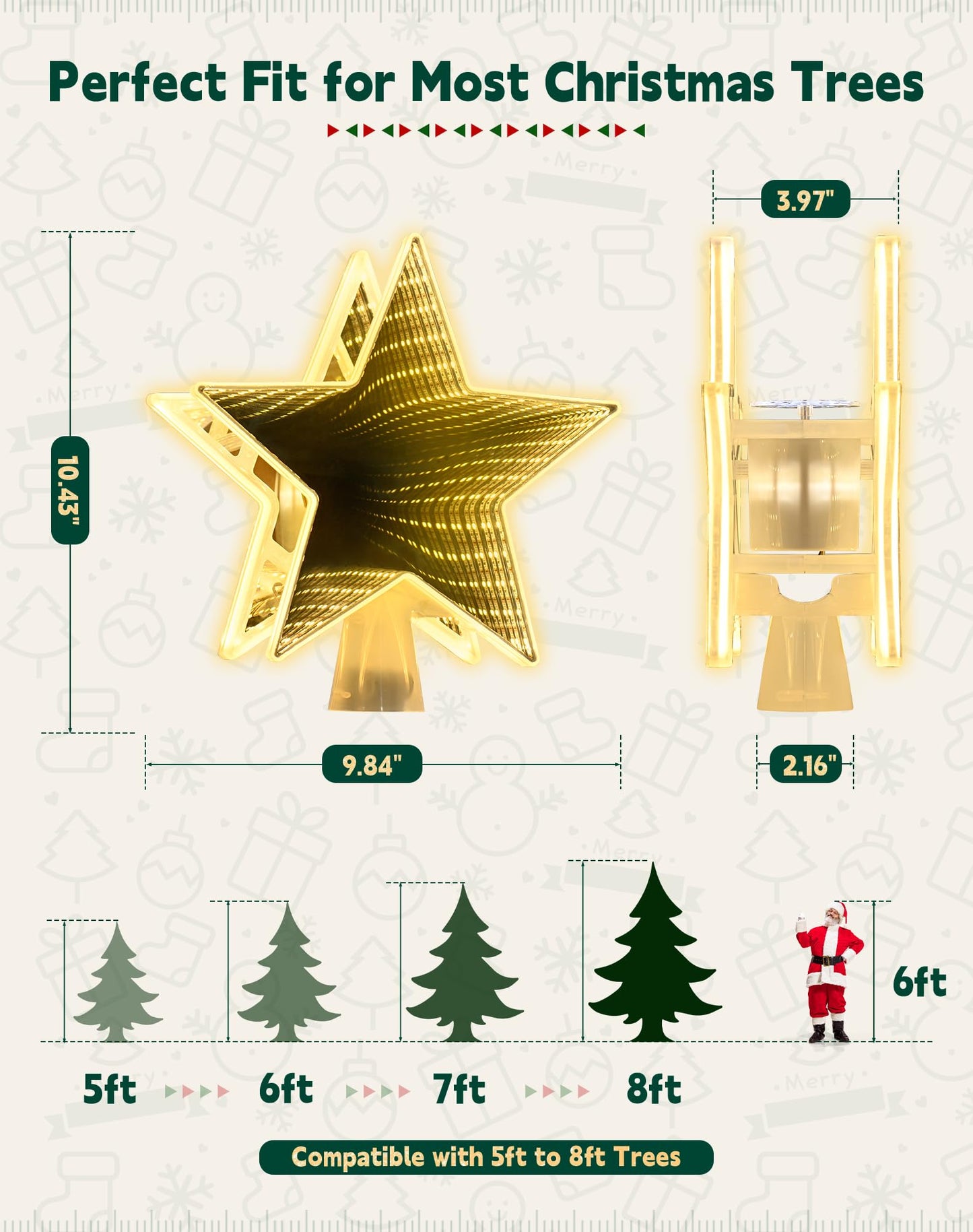 Christmas Tree Topper with 6 Projection Modes, Christmas Star Tree Topper with Built-in Rotating Projector, 104 LED Warm Lights 3D Tunnel Dynamic Lighting Effect Christmas Tree Decoration