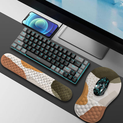 HAOCOO Ergonomic Mouse Pad with Wrist Rest and Keyboard Wrist Rest, 3 PCS Computer Carpal Tunnel Mouse Pads for Desk with Coaster Set, Memory Foam Keyboard Wrist Support for Laptop Office, Boho Beige