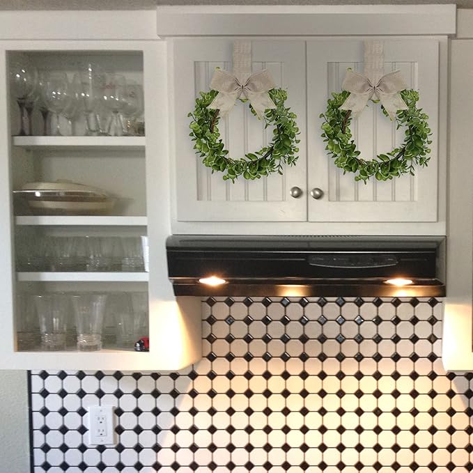 WILLBOND 4 Pcs Christmas Kitchen Cabinet Wreath Boxwood Garland with Ribbon Greenery Garland Hanging Wreaths for Cabinet Wall Window Door Fireplace Party Farmhouse Decor(Burlap,Linen)