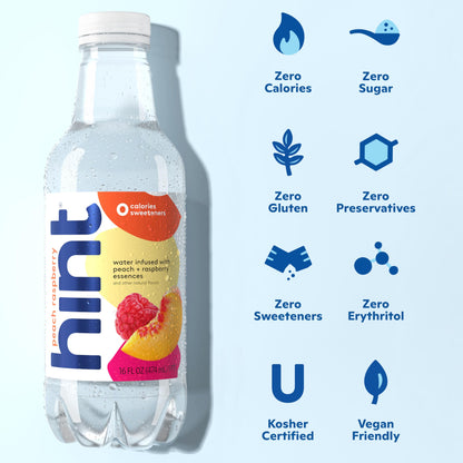 Hint Fruit-Infused Bottled Water, Peach Raspberry - Sugar Free Flavored Water with Zero Calories, Naturally Flavored, and No Artificial Sweeteners - 16 Fl Oz (Pack of 12)