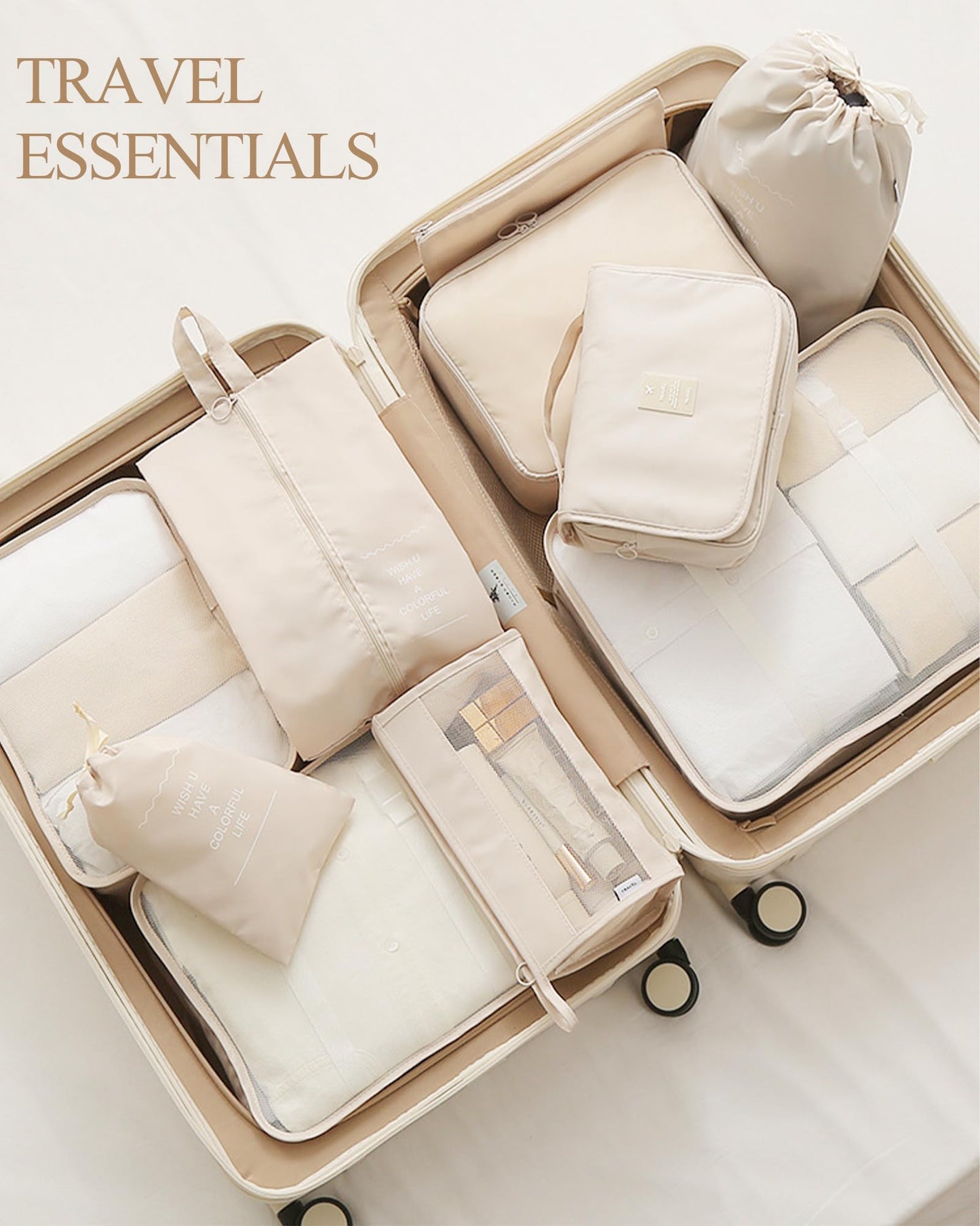 Packing Cubes for Suitcase, 10 PCS Travel Luggage Organizers, Travel Essentials, Waterproof Packing Organisers, Luggage Organizer Bags, Beige