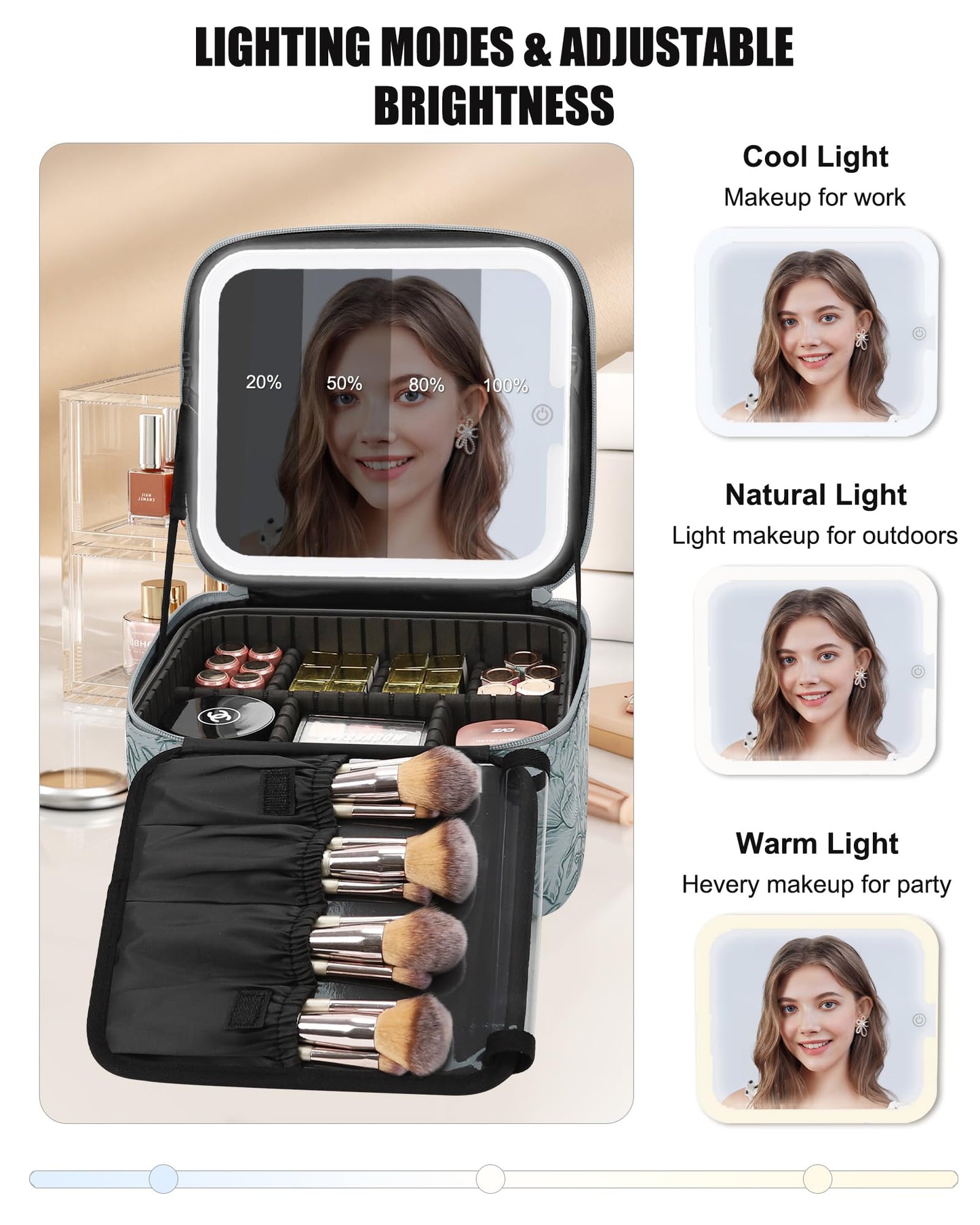 Relavel Travel Makeup Bag With LED Mirror, Cosmetic Train Case with Light up Mirror, Portable Makeup Artist Organizer Bag with Adjustable Dividers, Makeup Brush Holder Storage, Black