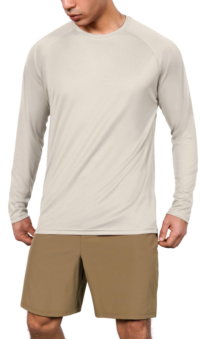 ODODOS Men's Quick Dry Long Sleeve Shirts UPF 50+ Sun Protection SPF Athletic Tops Workout Fishing T-Shirts, Beige, Small