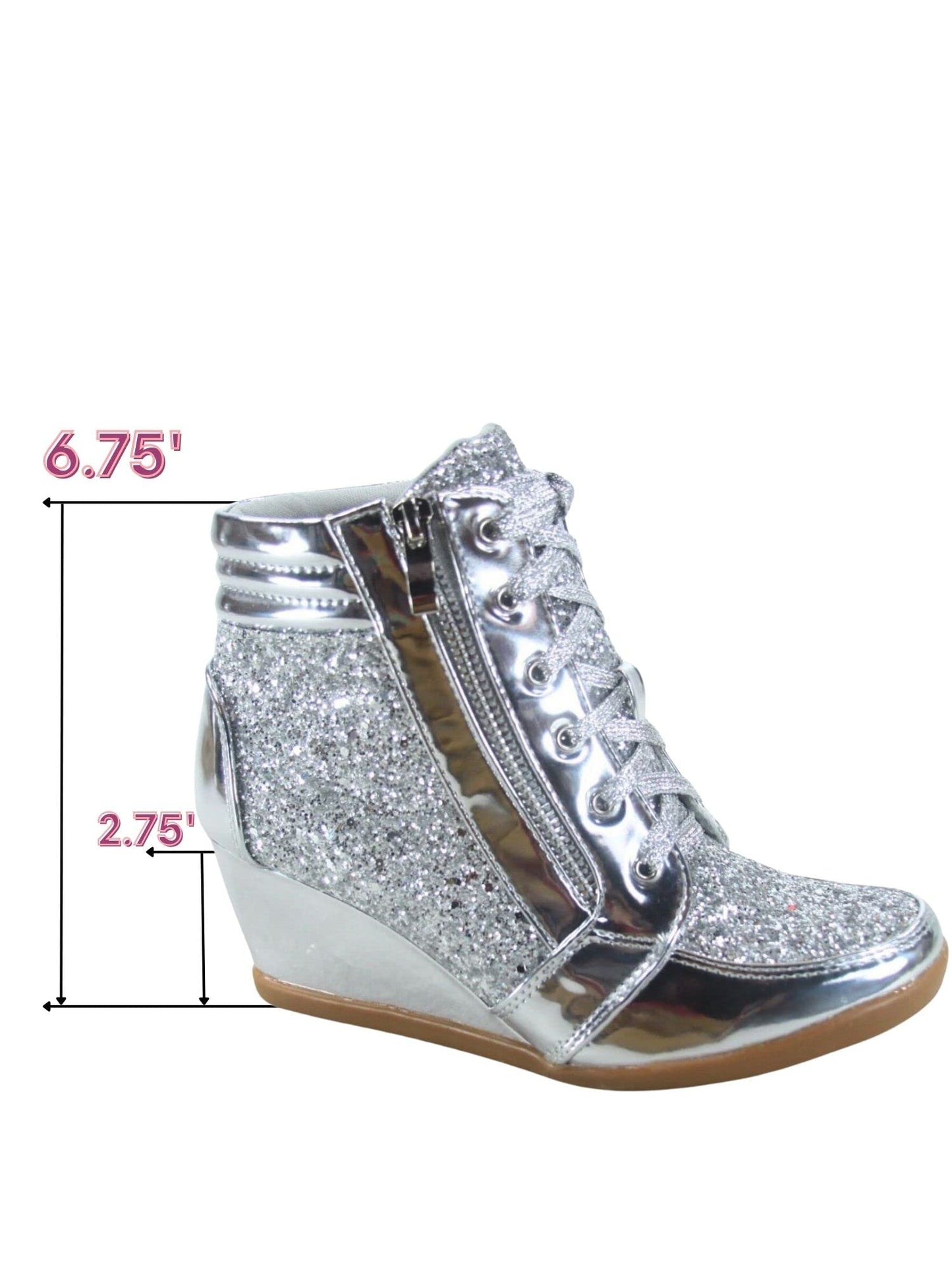 Forever Link Women's Fashion Glitter High Top Lace Up Wedge Sneaker Shoes,Silver,8.5