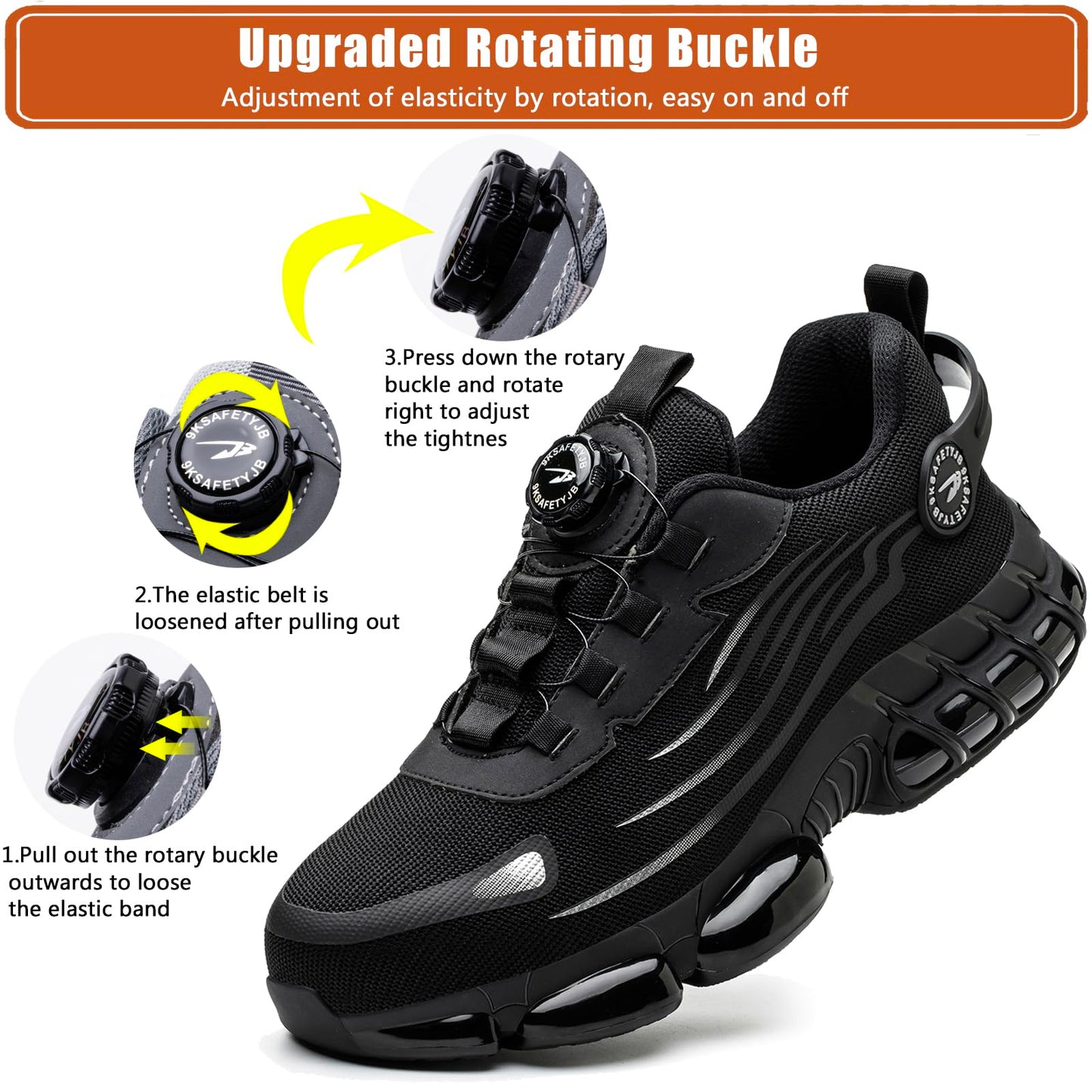 OBIDER Safety Trainers, Safety Shoes Men Women, Comfortable Lightweight Work Shoes, Upgraded Swivel Buckle Shoelaces, Non Slip Work Trainers with Air Cushion Black