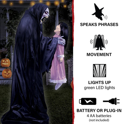 Haunted Hill Farm Soul Sucker Demon Reaper with Child by Tekky, Motion-Activated Talking Halloween Animatronic for Creepy Indoor or Covered Outdoor Halloween Decorations, Plug-in or Battery Operated
