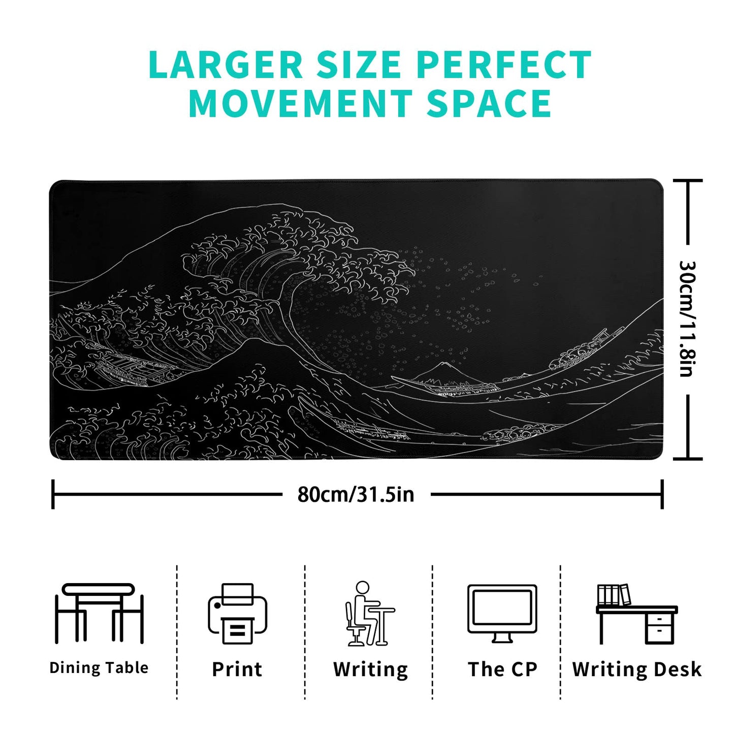 Brecoy Japanese Sea Wave Large Mouse Pad, Anime Black Gaming, Extended Kanagawa Mat Desk Pad, 3mm Thick Long Non-Slip Rubber Base Mice Pad, 31.5 X 11.8 Inch