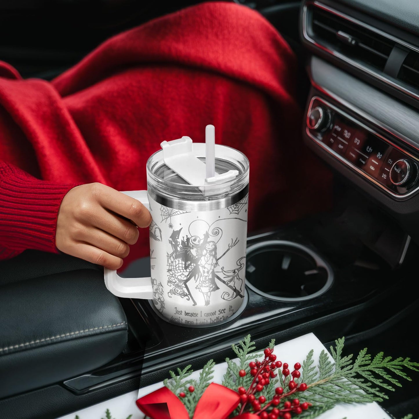 GEPOSTORE Spooky Christmas Tumbler – 40 oz Laser Stainless Steel Mug with Handle – Nightmare Halloween Movie Cup Gift for Fans of Dark Romance, Birthdays & Holidays
