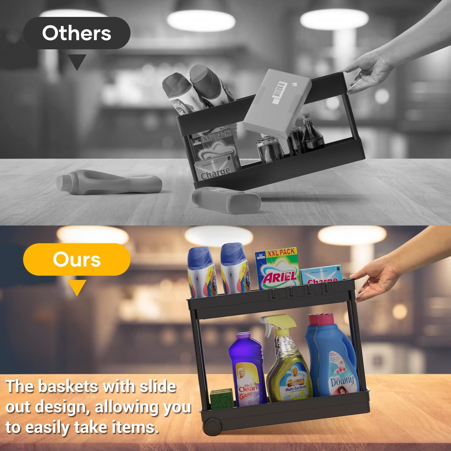 Cicilyna Under Sink Organizer, Under Cabinet Basket Organizer Drawer with Hooks, Bathroom Standing Rack, Multi-purpose Storage Shelf, Black