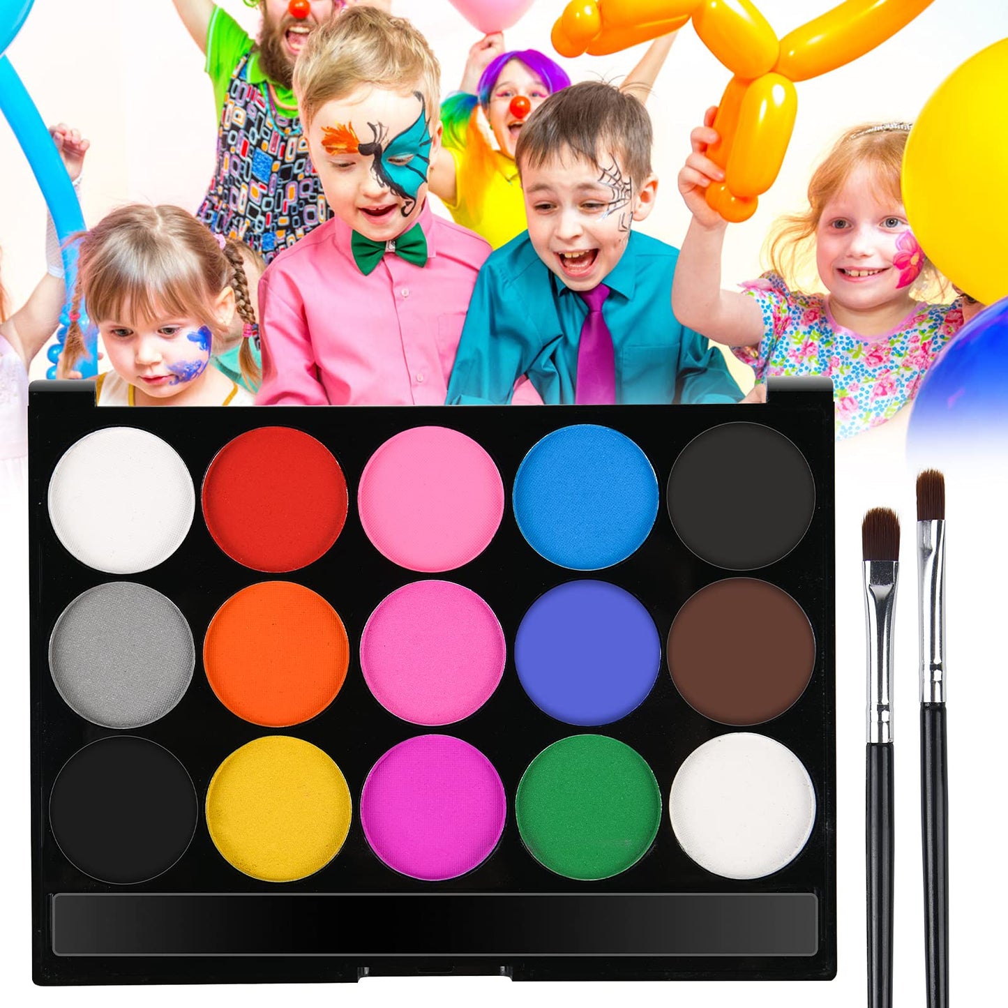 URAQT Face Paint Kit, 15 Color Face Painting Palette with 2 Brushes 32 Stencils, Washable Face Paints Safe Body Paint for Adults Kids Halloween Party Carnival, Makeup Paint Non-Toxic to Use