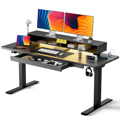 GTPLAYER Electric Standing Desk with Drawers, 55 x 24 Inch Height Adjustable Gaming Desk with Monitor Stand, Power Outlets & LED Lights, Home Office Sit Stand Up Desk with Memory Preset Controller