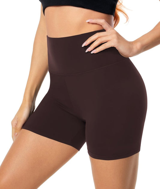FULLSOFT High Waisted Biker Shorts for Women-5" Tummy Control Fitness Athletic Workout Running Yoga Spring Womens Gym Shorts Deals Christmas Thanks Giving Gifts(Brown,Large-X-Large)