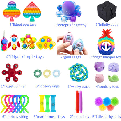 Chennyfun Fidget Toy Set, 36PCS With Box Fidget Pack, Sensory Anxiety Relief Stress Toys for Autism, Fidget Toy in Rainbow color, Octopus Relaxing Entertainment Birthday Gift for Kids Adults