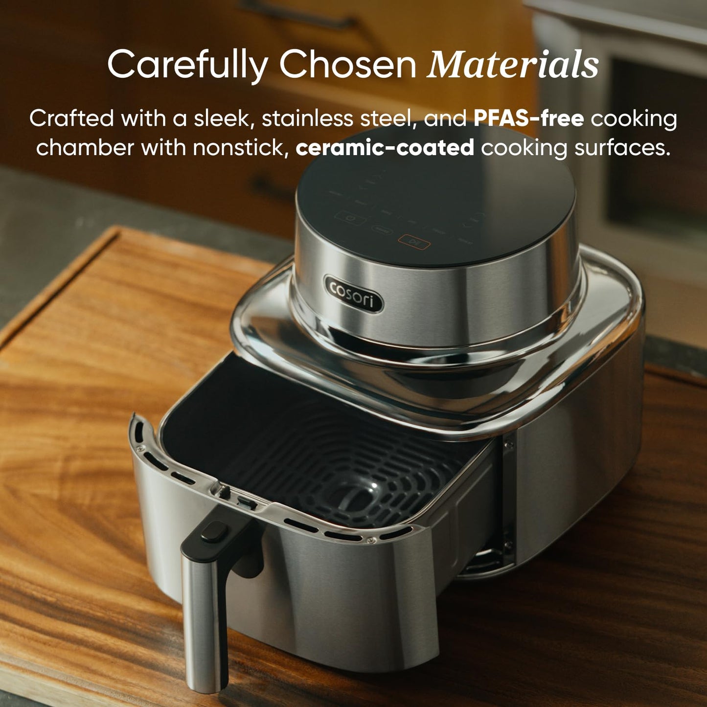 Cosori Iconic Stainless Steel 6.5 Qt Smart Air Fryer, PFAS-Free Ceramic Coating, Max 450°F, Consistent Cooking, Air Fry, Roast, Bake, Dry, Proof, Reheat, Dishwasher-Safe Basket, Chef-Crafted Recipes