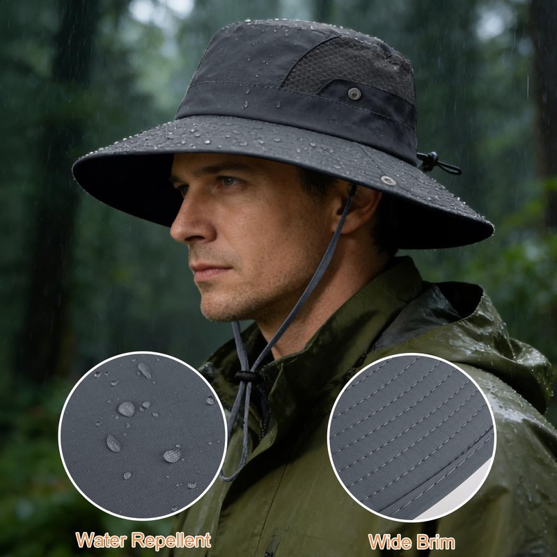 Sun Hat for Men Women UV Protection Wide Brim Fishing Hats Breathable UPF 50+ Waterproof Boonie Bucket Hats Beach Safari Hiking Garden Dark Grey