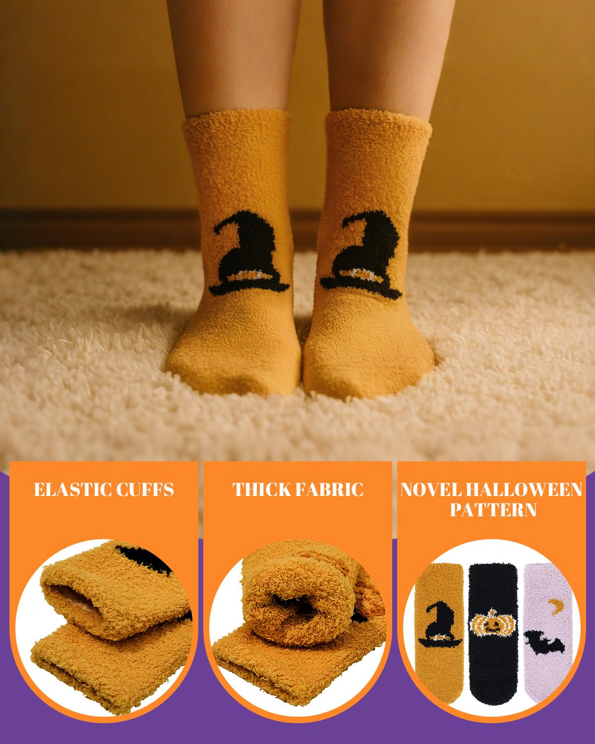 Century Star Plush Halloween Socks-Womens Anti Slip with Grip Soft Warm Cozy Socks 3 Pairs Halloween Pattern One Size