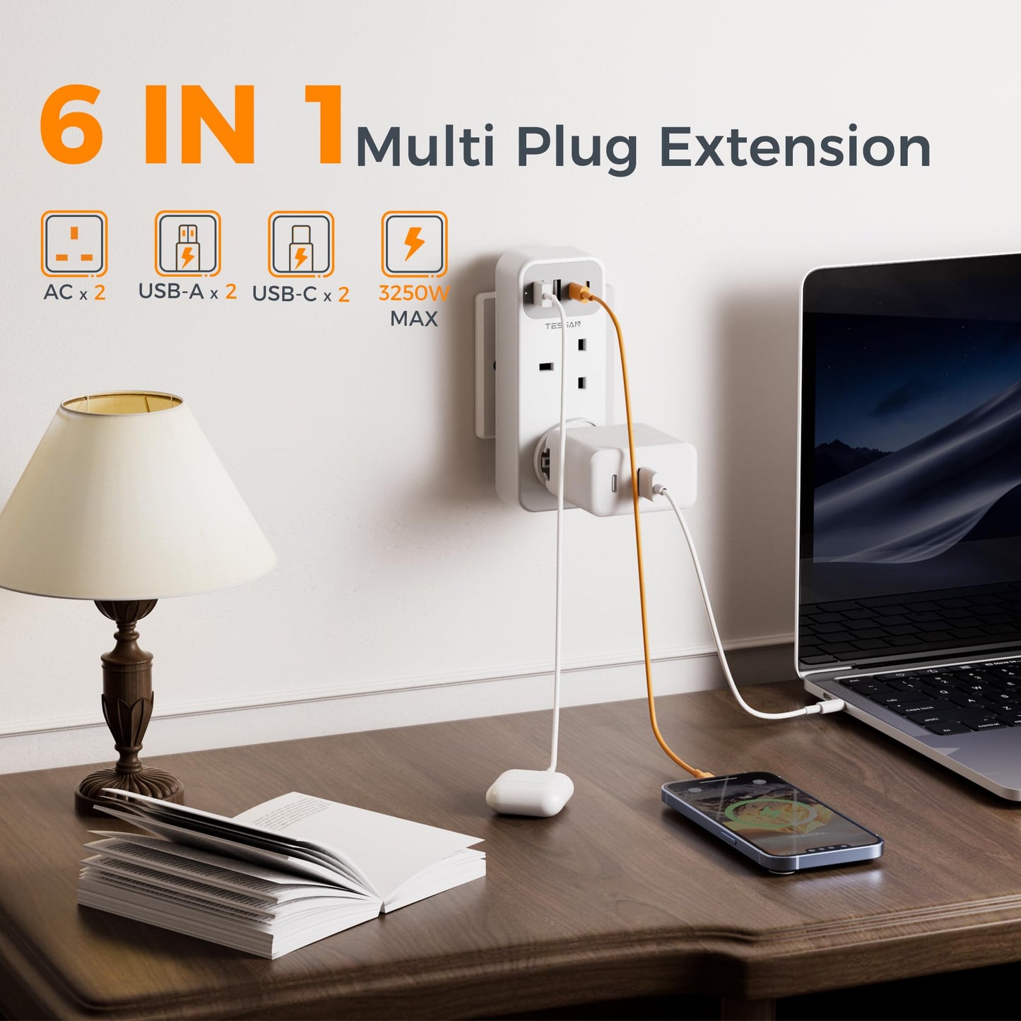 Double Plug Adaptor with 4 USB(2 USB C), TESSAN 2 Way Multi Plug Extension Adapter, UK 13A Fuse Multiplug Sockets Power Extender for Home, Kitchen, Office, School Supplies