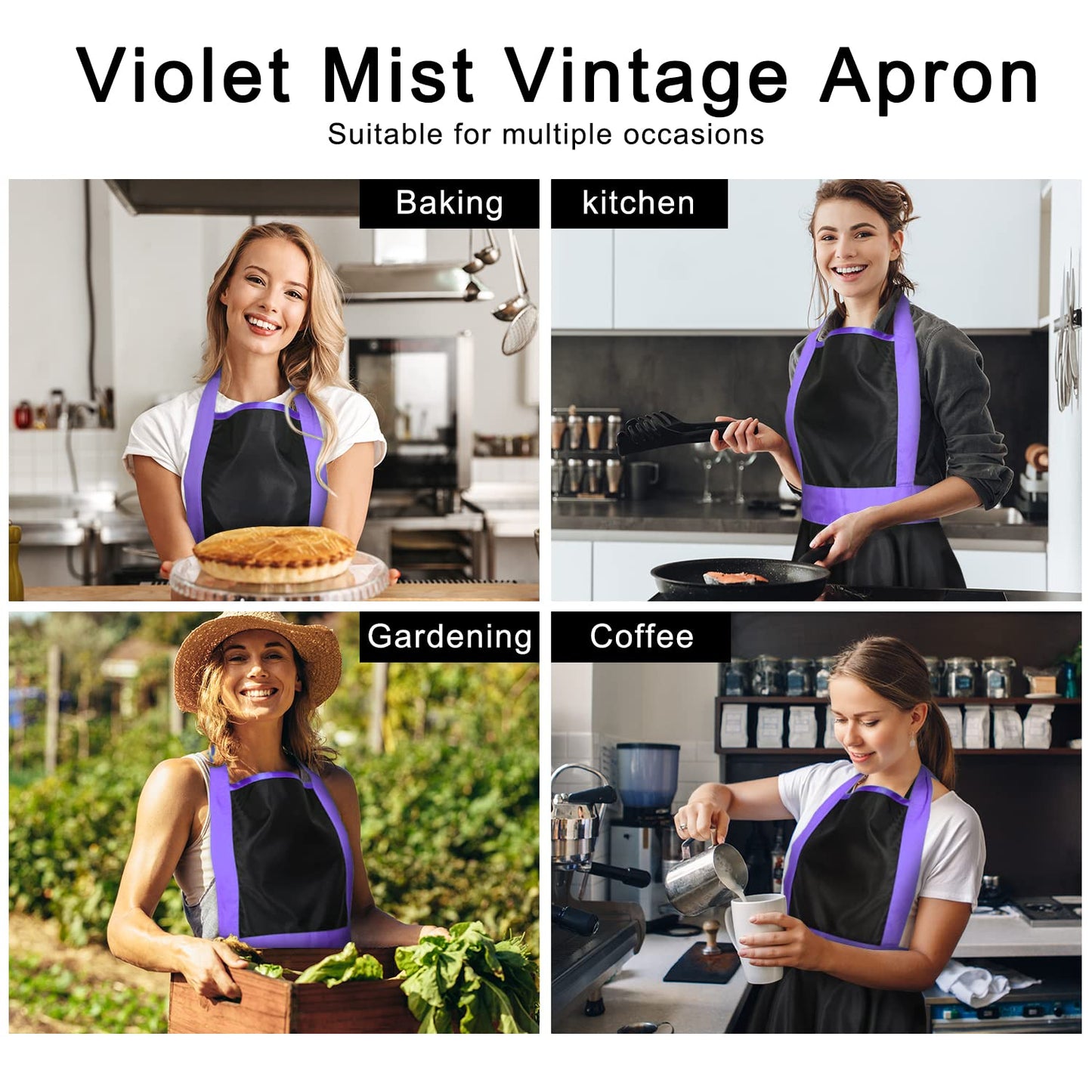 Violet Mist Cute Lovely Retro Aprons for Women Girls Lady Sexy Vintage Aprons Black Purple Vintage 50s Apron Halloween Christmas Apron Cooking Kitchen Ruffle Apron for Housewife Waitress Mother's Gift