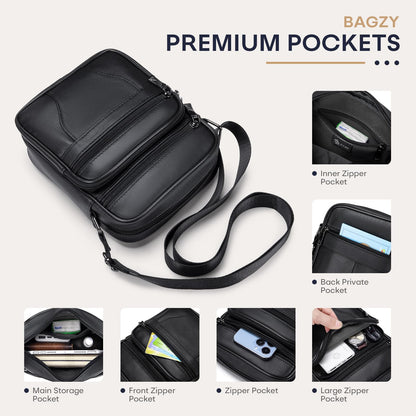 BAGZY Mens Genuine Cowhide Leather Shoulder Bag Ipad Case Bag Messenger Bag Crossbody Satchel Handbag Top-handle Travel Business bag for Kindle Tablet Wallet Purse Mobile Phones Black