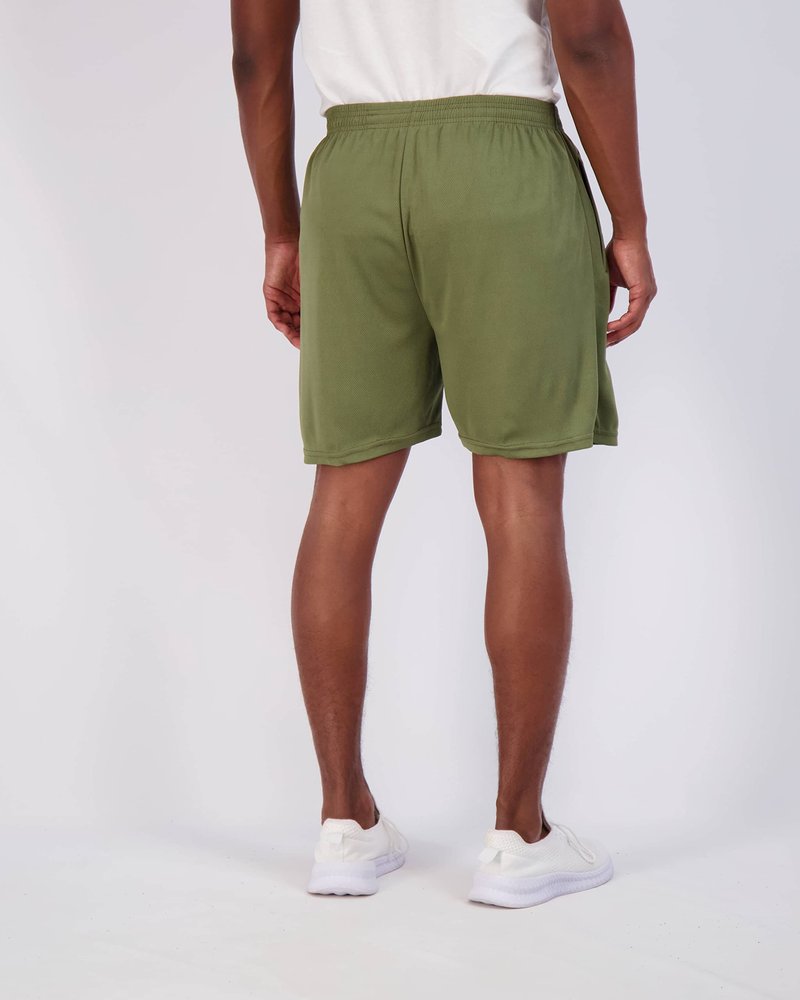 Real Essentials 4 Pack: Men's Mesh 7" Athletic Zipper Shorts Workout Gym Running Basketball (7 Inch Set 6, Black, Camo, Charcoal, Green - L - Standard)