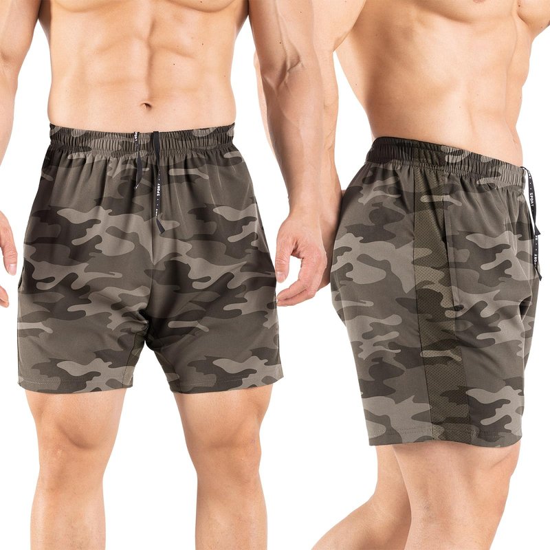 Gaglg Men's 5" Running Shorts 2 Pack Quick Dry Athletic Workout Gym Shorts with Zipper Pockets Black/Camouflage,Medium