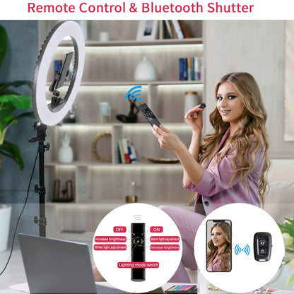 Upgraded 18 inch LED Ring Light with Tripod Stand, Ring Light with Touch Panel for Makeup Studio Portrait YouTube Vlog Video Shooting with Remote Controller, CRI>90