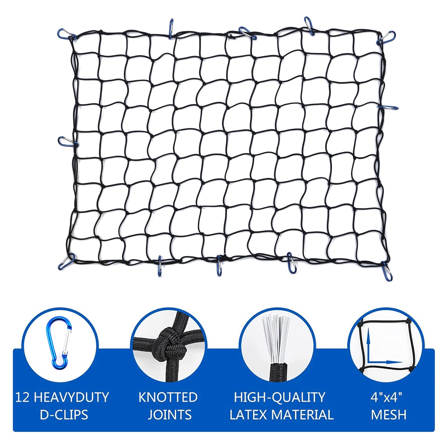 Amiss 3' x4' Stretches to 6' x 8' Truck Cargo Net, Roof Rack Cargo Net for Pickup Trucks SUV, Heavy Duty Truck Bed Cargo Bungee Net with 12 Blue Clips and Storage Bag， Car Exterior Accessories