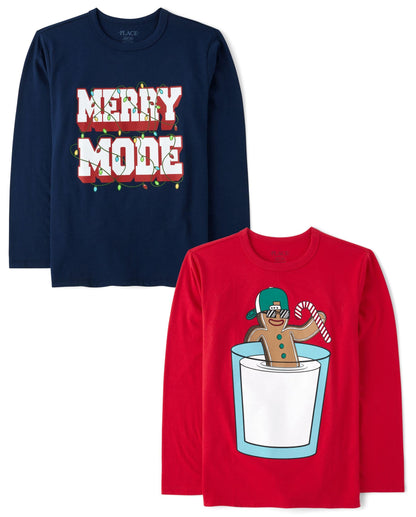 The Children's Place,Boys,All Holidays Long Sleeve Graphic T-Shirts,multipacks,Gingerbread Cookie/Merry Mode 2-Pack,X-Large