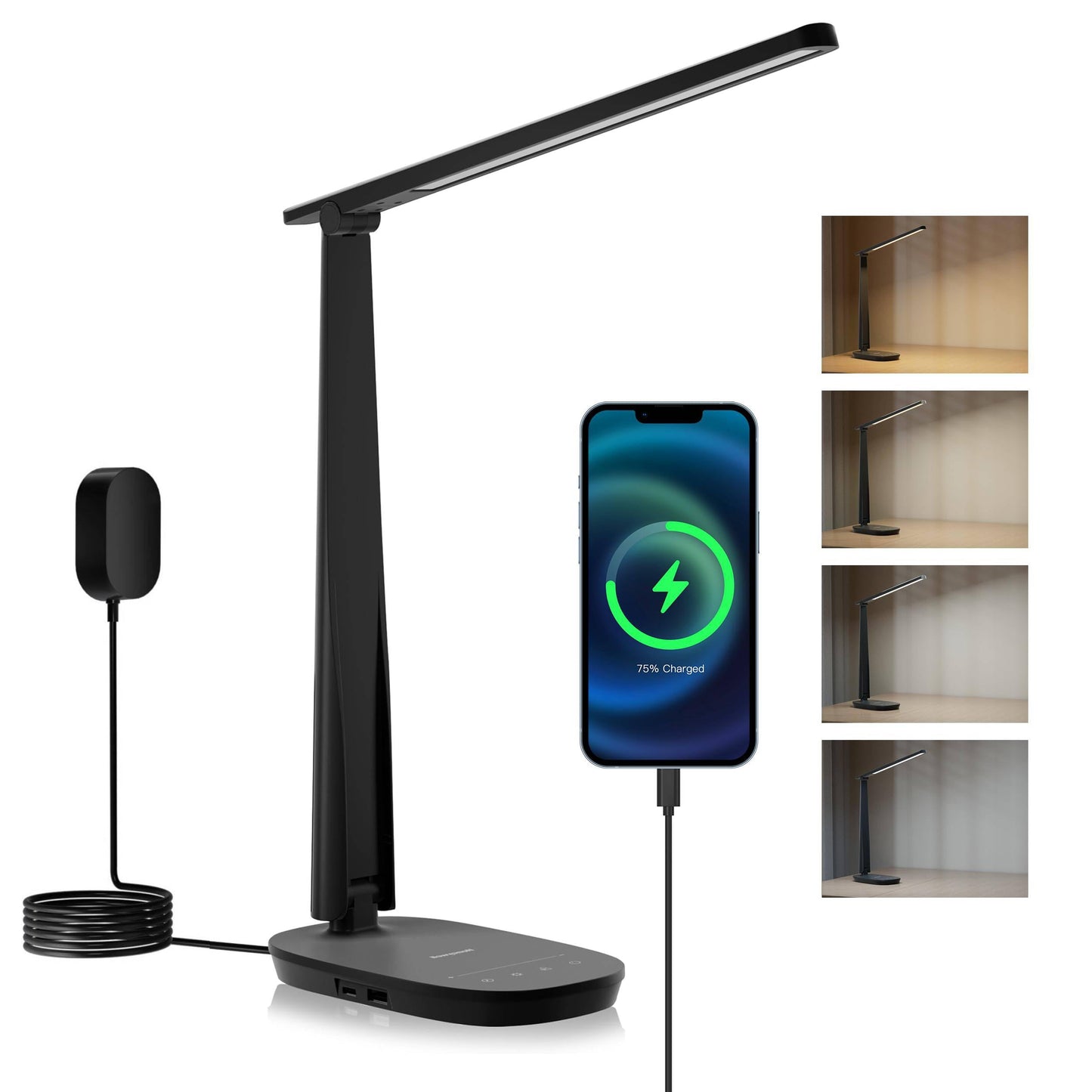 Honeywell LED Desk Lamp Eye Caring - Sunturalux H2 Table Lamp with USB Charging Port, 4 Colour Modes Stepless Dimmable, Auto Timer,Touch Control Foldable Desk Light for Home Office Bedroom Black