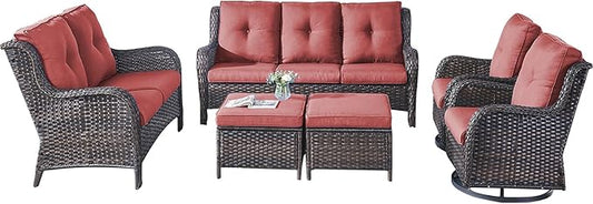 Rilyson Wicker Patio Furniture Set - 6 Piece Rattan Outdoor Sectional Conversation Sets with 2 Rocking Swivel Chairs,2 Ottomans,1 Sofa and 1 Loveseat for Porch Deck Garden(Brown/Red)