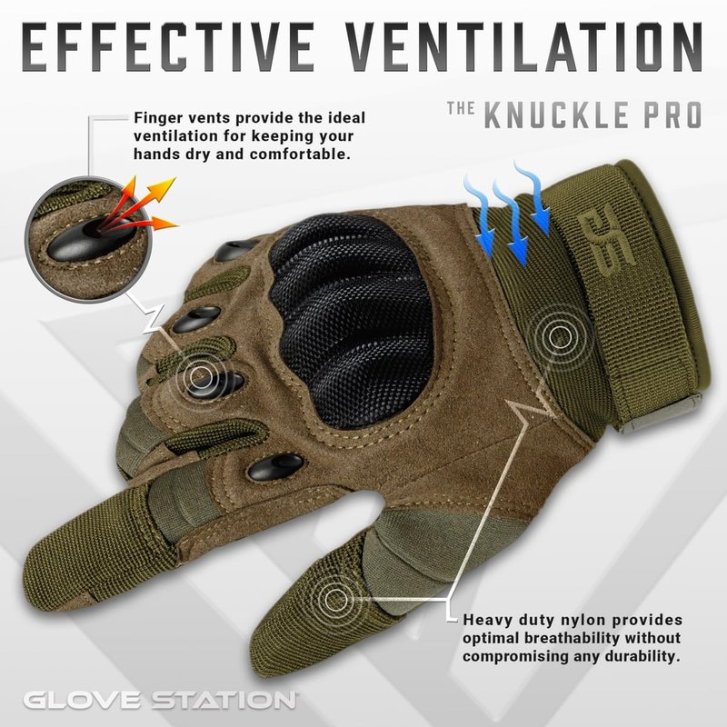Glove Station Gloves for Men – Touchscreen Utility Gear with Hard Knuckle Protection Used in Motorcycle, Airsoft, & Outdoor Work Green - Hard Knuckle Small