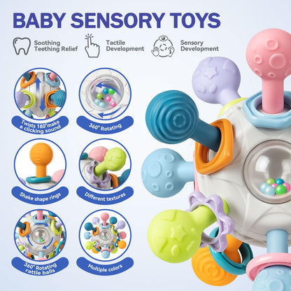 Baby Toys 6 to 12 Months, 5 In 1 Montessori Toys for 1 Year Old, Incl Travel Pull String Toy & Rattle Teether & Stacking Baby Block & Soft Infant Ring & Sensory Ball for Toddler 0-3-6-9-12 Month