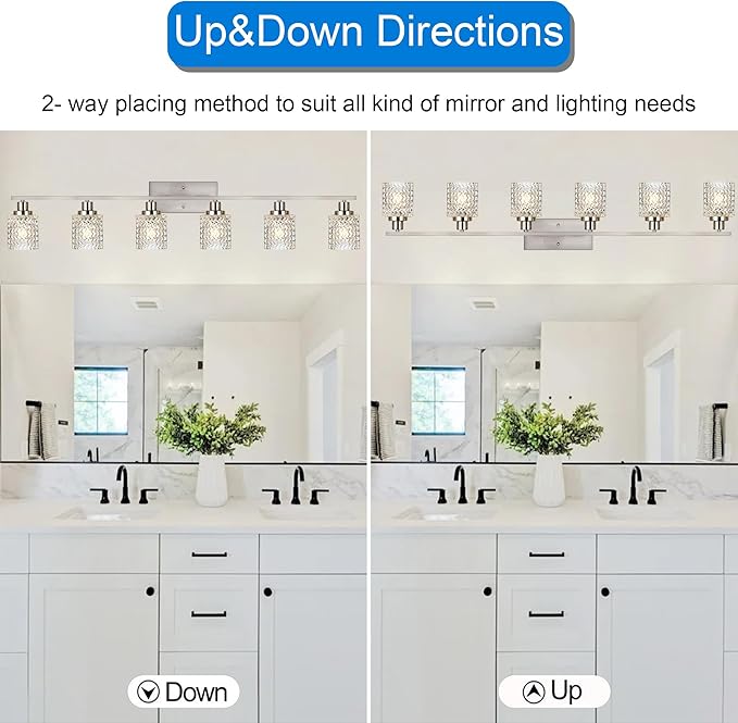 MELUCEE 6 Lights Bathroom Lighting Fixtures Over Mirror Brushed Nickel with Hammered Glass Shade, Vanity Light Indoor Wall Mounted Lamp for Bathroom Bedroom Kitchen