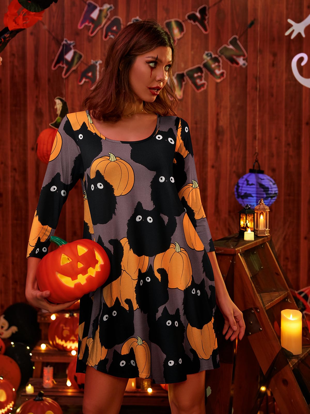 BELAROI Womens Plus Size Halloween Dress Casual Swing 3/4 Sleeve Scoop Neck T Shirt Loose Tunic Dresses Pumpkin, Black Cat Pattern Print with Pockets (1X, Flower91)