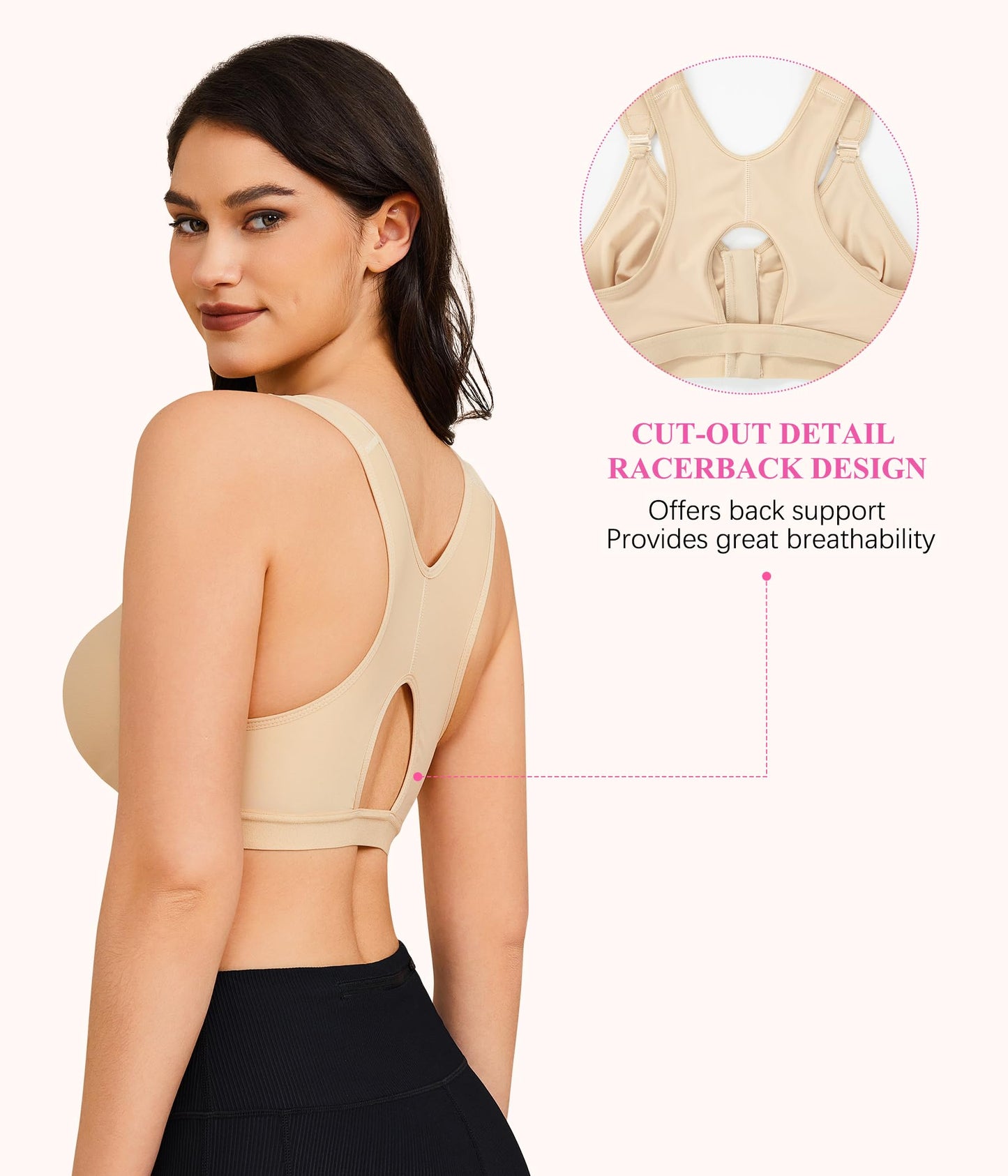 BRABIC Women Post-Surgical Sports Support Bra Front Closure with Adjustable Straps Wirefree Racerback (Beige, 2XL (fit for 40B 40C 42A 42B))