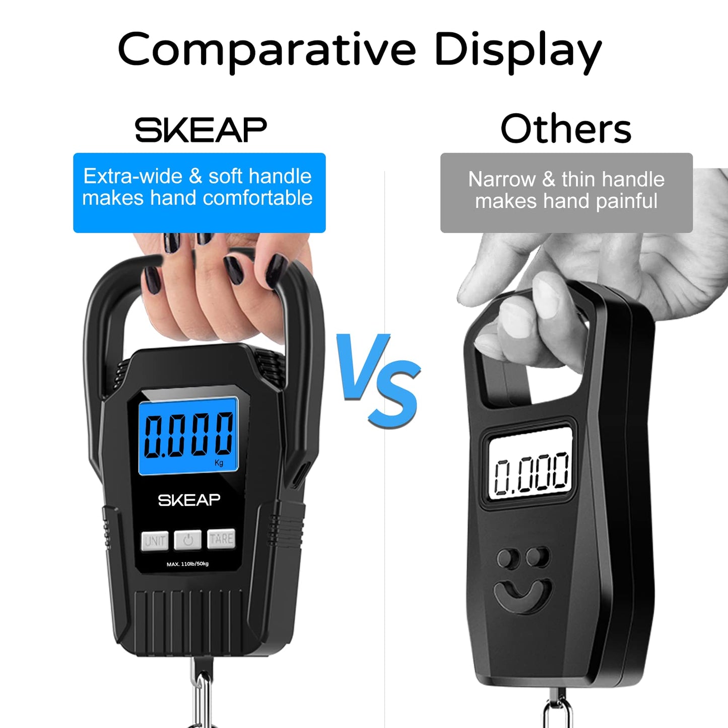 Digital Fish Scale Hanging Scale Fishing Scale, SKEAP 110lb/50kg Luggage Scale,Fish Weighing Scale, Upgrade Large Handle & Backlit LCD Display, Black,Fishing Gifts for Men,Black