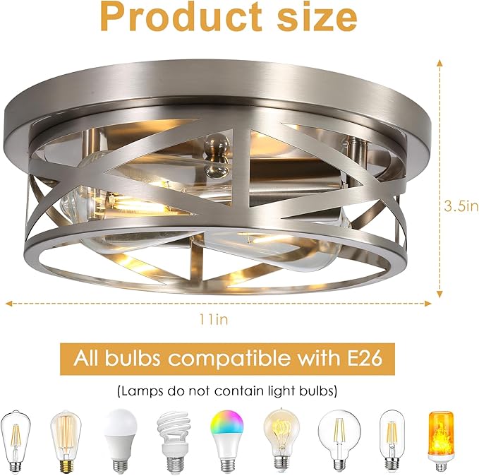 2 Pack Close to Ceiling Lights, Modern Brushed Nickle Flush Mount Ceiling Light Fixture, 11 Inch Modern E26 Base Metal Cage Indoor Kitchen Ceiling Lights for House Hallway Bedroom Living Room