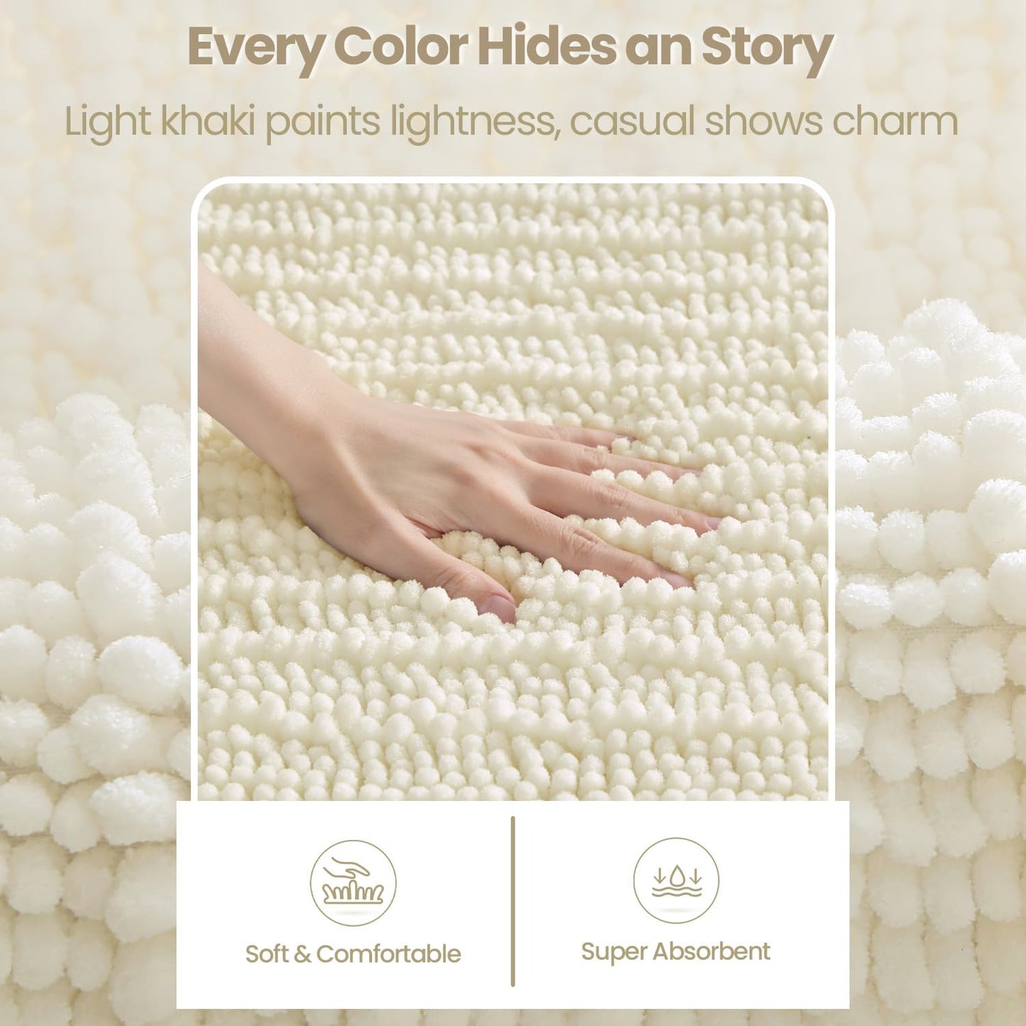 DEXI Bathroom Rugs 24x43, Super Soft Thick Chenille Absorbent Bath Mat, Non Slip Machine Washable Fluffy Shag Bathmat for Tub, Shower Floor, Ivory