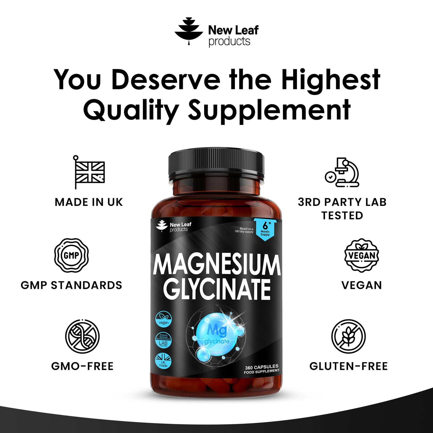 Magnesium Glycinate - 360 High Strength Capsules Pure Magnesium - 1040mg of Magnesium Providing 208mg Elemental Magnesium Per Serving -Magnesium Supplements – Bones, Muscle Health, Vegan, UK Made