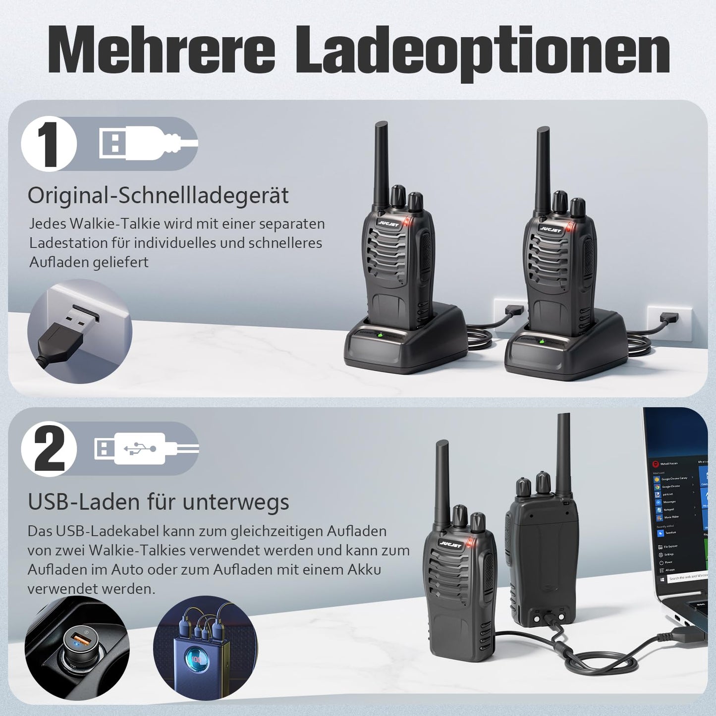 JUCJET Walkie Talkies 2023 Upgraded 88E Walkie Talkie Long Range for Adults with Earpieces, 16 Channel Handheld 2 Way Radio Rechargeable with Flashlight Li-ion Battery and Charger(4 Pack)
